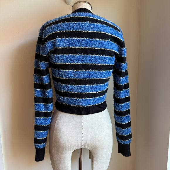 Cider Blue Black Striped Cropped Cardigan Gold Buttons Women’s Medium - Picture 5 of 13
